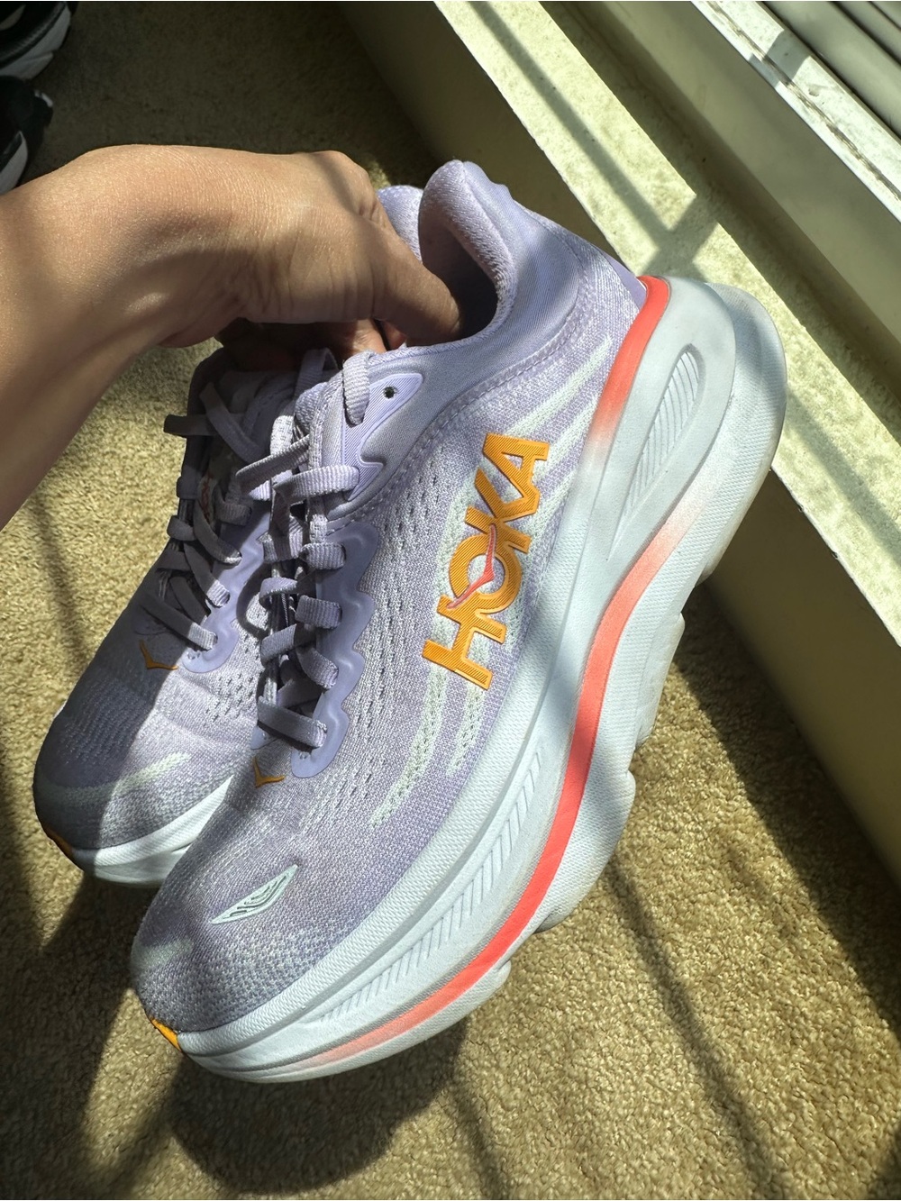 Hoka Lavender Athletic Running Shoes with Orange Accents - Picture 2 of 5